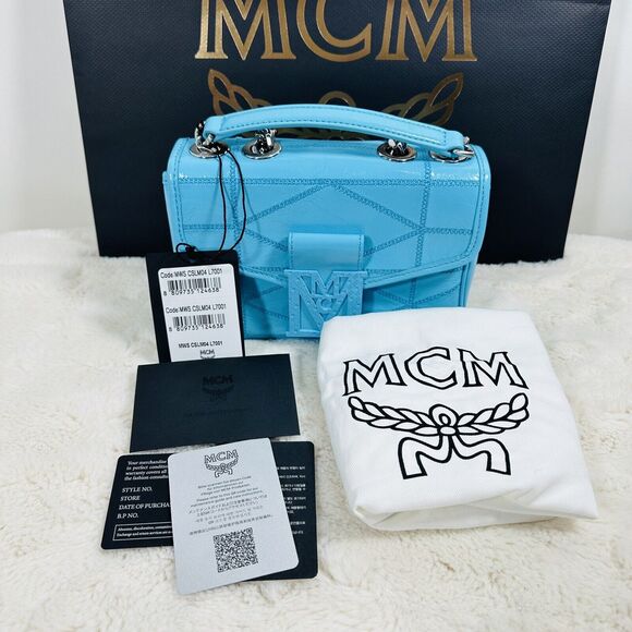 MCM Mini Travia Quilted Logo Plaque Crossbody Bag Turquoise Blue NWT - Picture 4 of 11